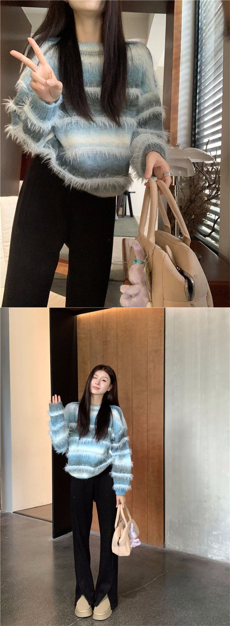 Maglione a righe da donna Maglione a righe Maillard Maglione corto oversize da donna Maglione a collo alto morbido e strutturato in stile vintage_voghion.com