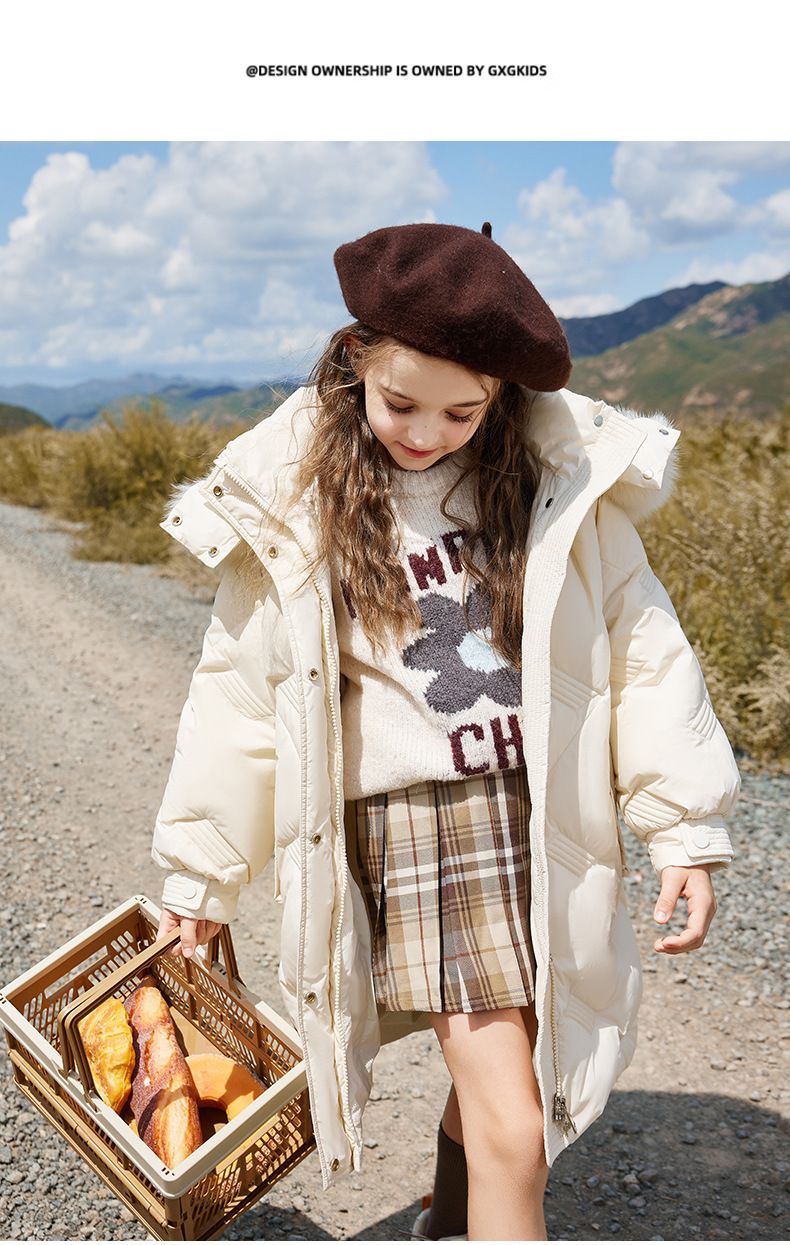 Lange Daunenjacke für Mädchen mit abnehmbarer Pelzkapuze – Warmer Wintermantel für Kinder, modische Oberbekleidung im koreanischen Stil_voghion.com