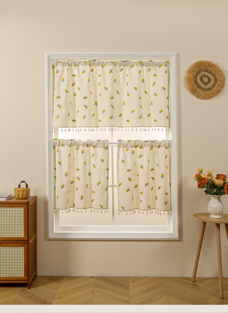 Sonnenblumen-bestickter Bauernhausvorhang – Wasserabweisender kurzer Tür- und Fenstervorhang für Küche, Wohnzimmer, Schlafzimmer_voghion.com