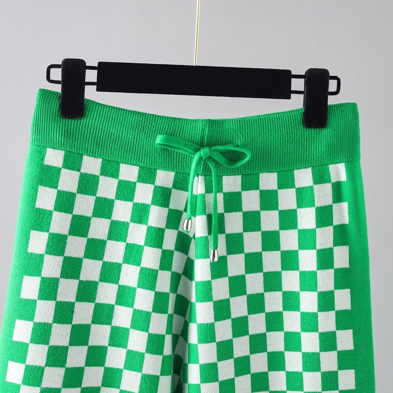 autumn and winter new lace-up knitted pants plaid pants casual all-match wide-leg pants drape trousers women_voghion.com