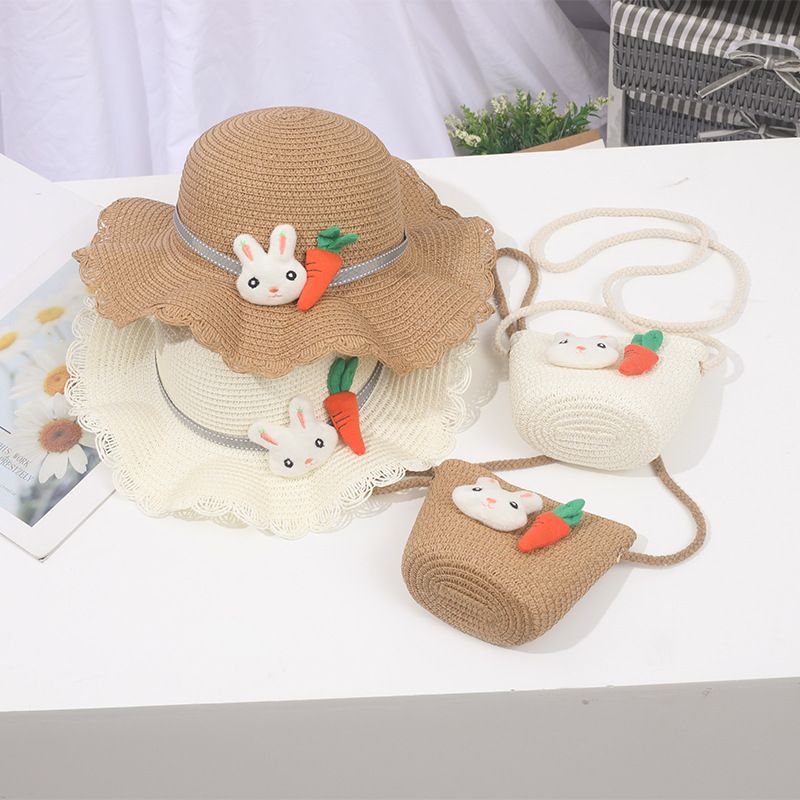 Piccolo set di cappelli da spiaggia con ombrellone in paglia per bambini e bambine, con bordo ondulato fresco_voghion.com