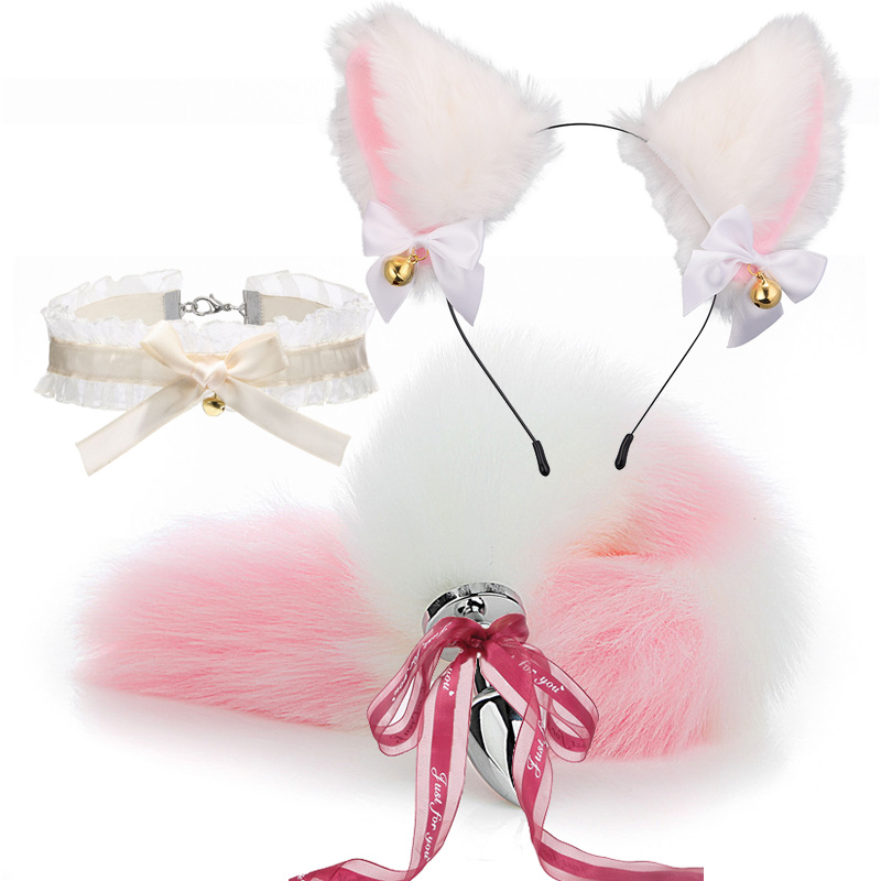 Simpatici 3 colori coda di volpe plug anale orecchie di gatto fasce per capelli set giochi per adulti capezzoli clip collo colla_voghion.com