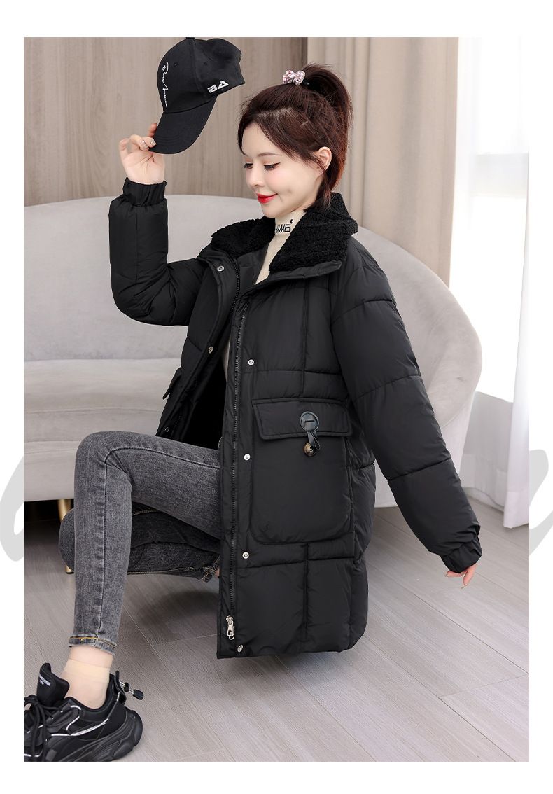 Grenzüberschreitender Kragen, neuer Winter 2024, dicke Daunenjacke für Damen, mittellang bis lang, koreanische Version, lockerer Baumwolljackenmantel_voghion.com