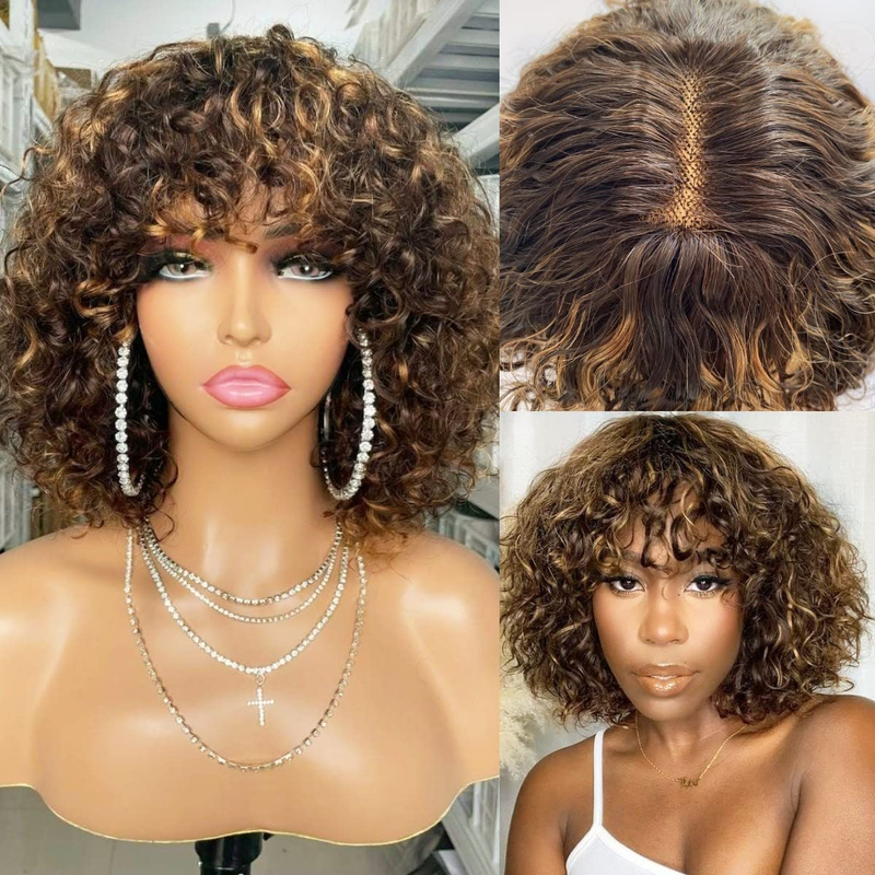 Perruque de cheveux humains ondulés de 14 pouces, fabriquée à la machine, avec frange, densité 180%, dentelle sans colle, maille rose, cheveux humains bouclés, couvre-tête pour femmes_voghion.com