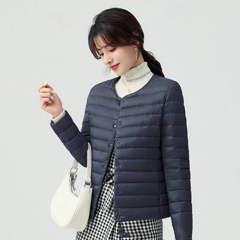 Damenbekleidung dünne Wintermäntel Jacke kurzer Rundhals V-Ausschnitt Langarmfutter einfarbig große Größe einfache Jacke_voghion.com
