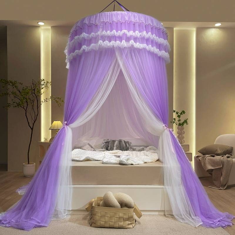 Zanzariera a baldacchino a doppio strato in pizzo principessa, copertura completa, con design appeso al soffitto, tende lunghe fino al pavimento_voghion.com