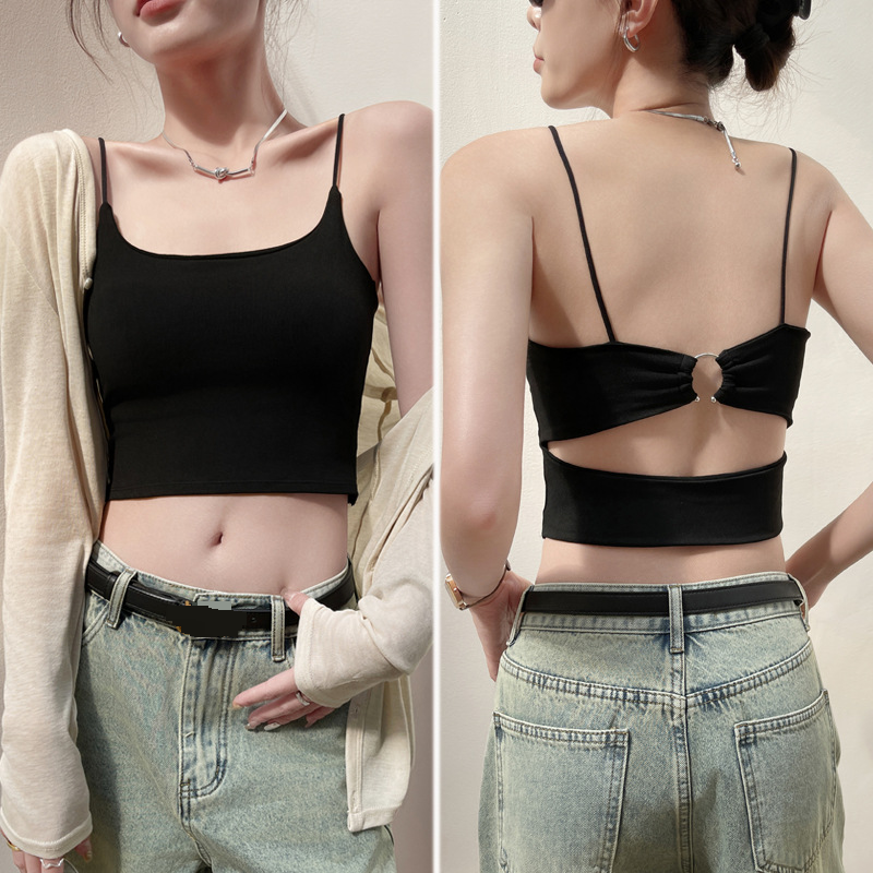 Sous-vêtements intimes pour femmes, coussinet de poitrine intégré, bonnet fixe, petites bretelles, débardeur pour femmes, design court intérieur printemps et été_voghion.com