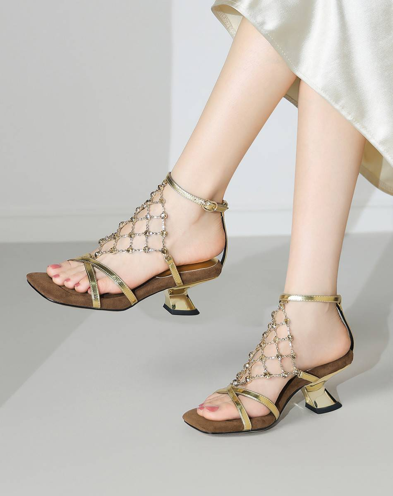 Scarpe con tacco a spillo a punta quadrata in PU dorato, semplici ed eleganti da donna di Cameido_voghion.com