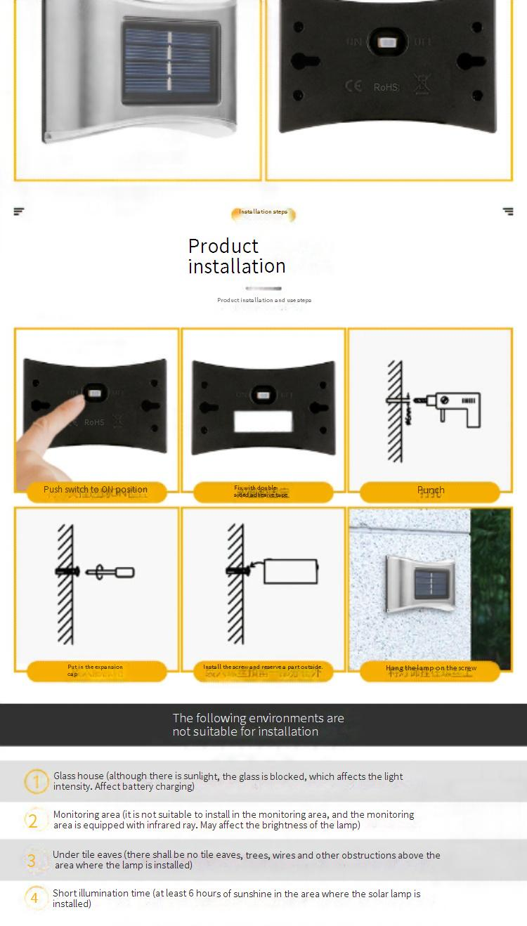 Luminária de parede solar de aço inoxidável com 6 LEDs - Luminária de jardim externa à prova d'água para decoração de pátios, cercas e caminhos_voghion.com