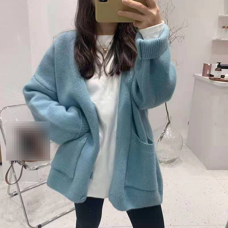 Cardigan en tricot surdimensionné à col en V pour femme, coupe ample, couleur unie, boutonné, décontracté_voghion.com