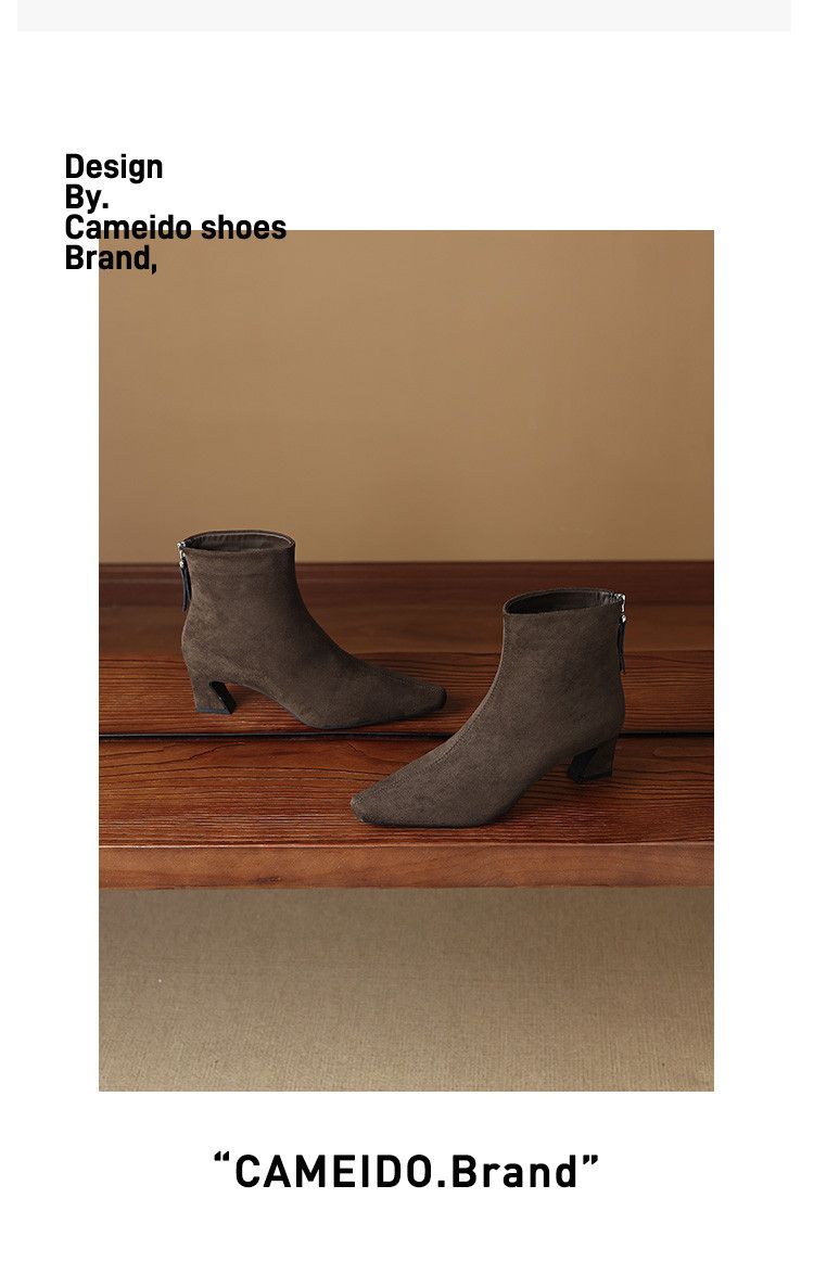 Cameido Women's French Style Suede Mid Heel Chunky Heel Slim Ankle Boots For Autumn And Winter_voghion.com