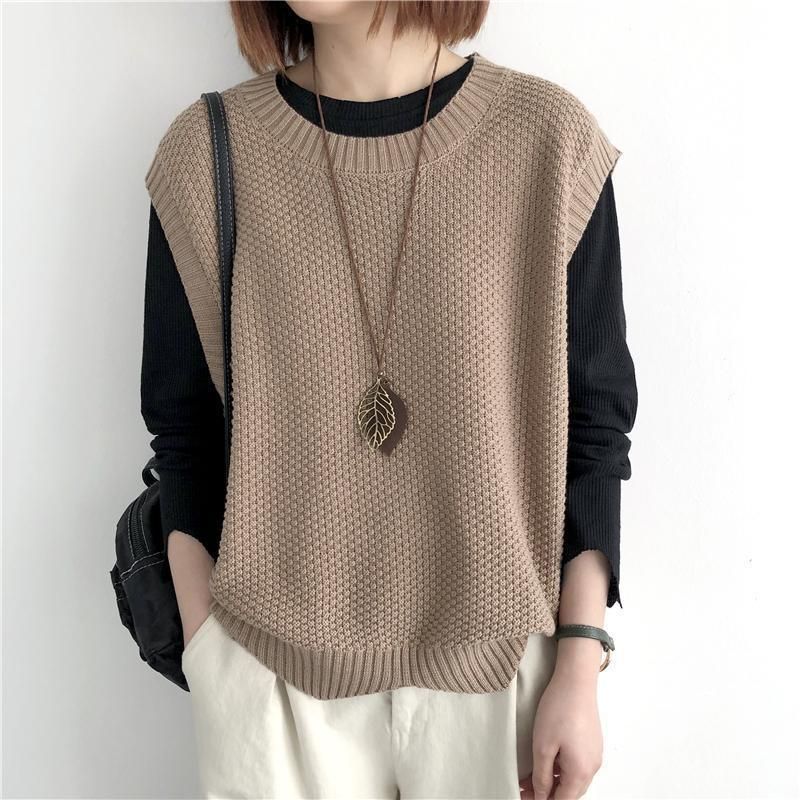 K Women's Knitted Vest; Pure Color, Loose, Round Neck, Irregular Pullover Short Cardigan._voghion.com