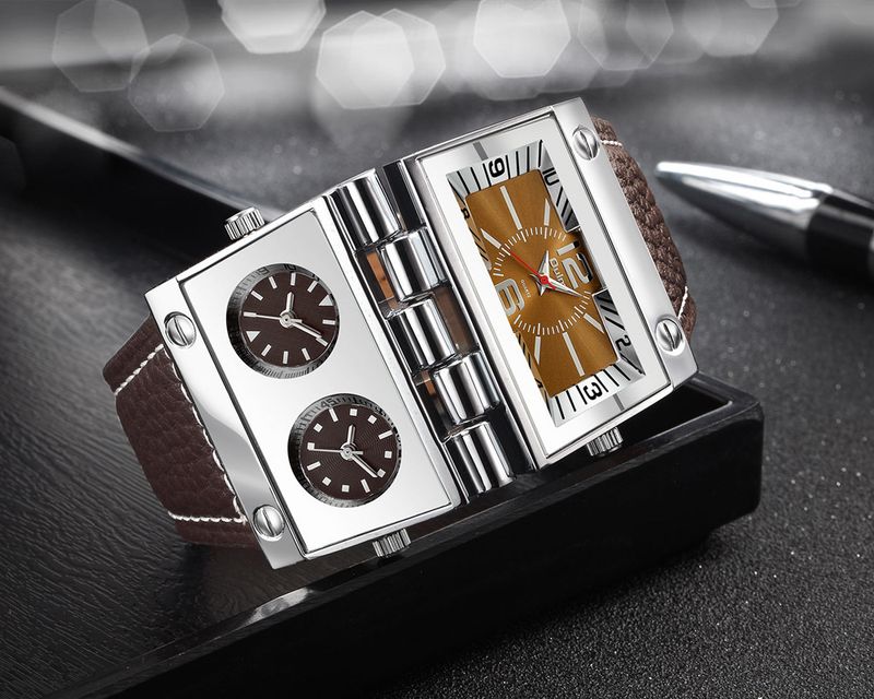 Men's Fashion Watch With Large Rectangle Dial, Multi-Time Zone Function, Quartz Movement, Genuine Leather Strap, Water Resistant To 35M_voghion.com