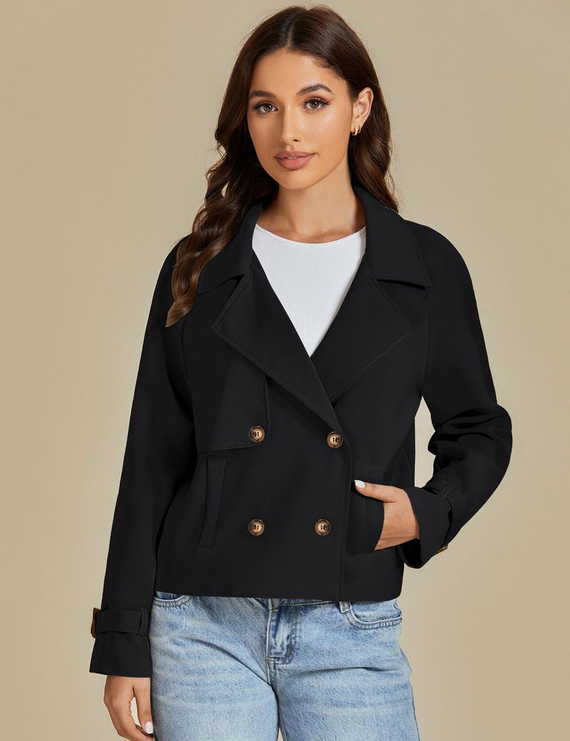 Women's Short Windbreaker Autumn And Winter Long Sleeved Double Breasted Lapel Casual Jacket_voghion.com