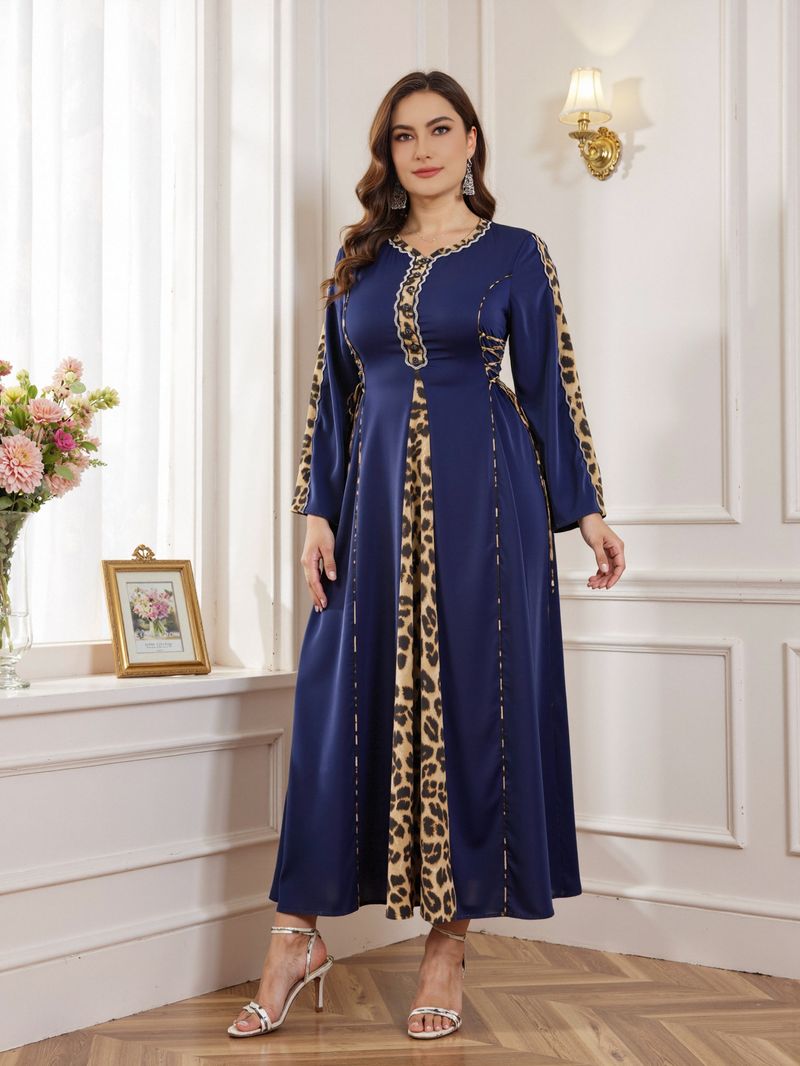 Elegante abito abaya musulmano da donna con finiture leopardate – Abito lungo a maniche lunghe e sobrio per donna, taglie forti 0XL-5XL_voghion.com