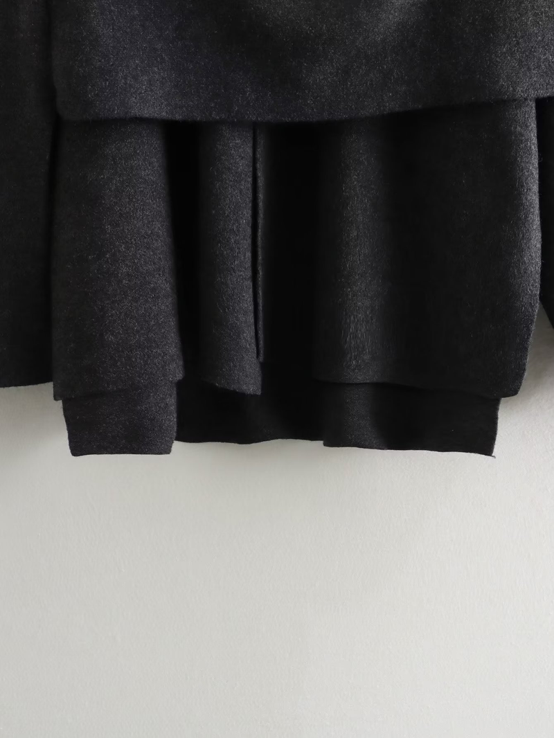 Moda mujer con bufanda asimétrica abrigo capa gris tejido_voghion.com