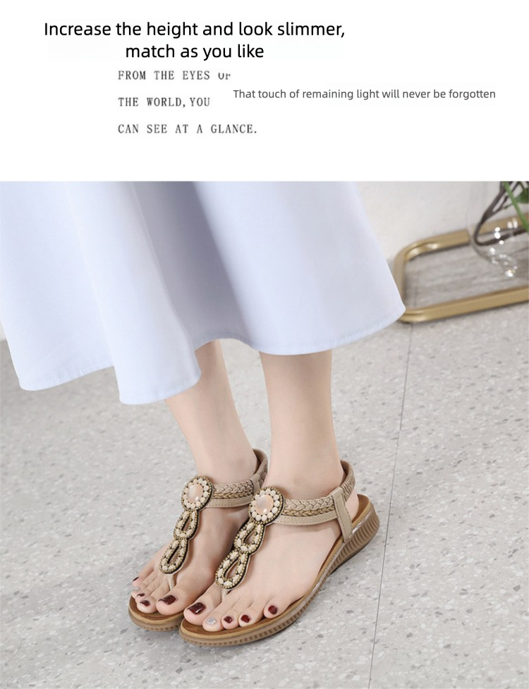 2025 New Style Sandals Bohemian Rhinestone Comfortable Round Toe Beach Vacation Large Size Flat Shoes_voghion.com