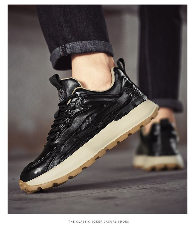 Scarpe sportive da uomo con suola spessa in pelle nera con rialzo in altezza_voghion.com