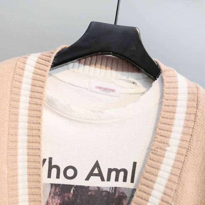 Cardigan oversize in maglia con lettere – Cappotto in maglia spessa con scollo a V (giallo/crema/blu/rosa antico) | Streetwear coreano lungo e aperto sul davanti_voghion.com