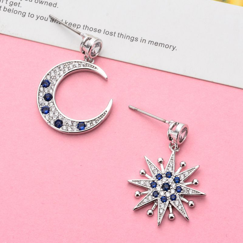 Unique design, personalized earrings with asymmetrical stars and moon, a pair of earrings inlaid with zircon temperament, versatile earrings_voghion.com