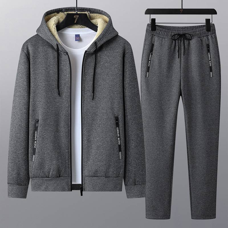 Men's Clothing Winter Plus Velvet Thickened Suit Men Hooded Cardigan Jacket Casual Sweatpants Warm Youth Lambskin_voghion.com