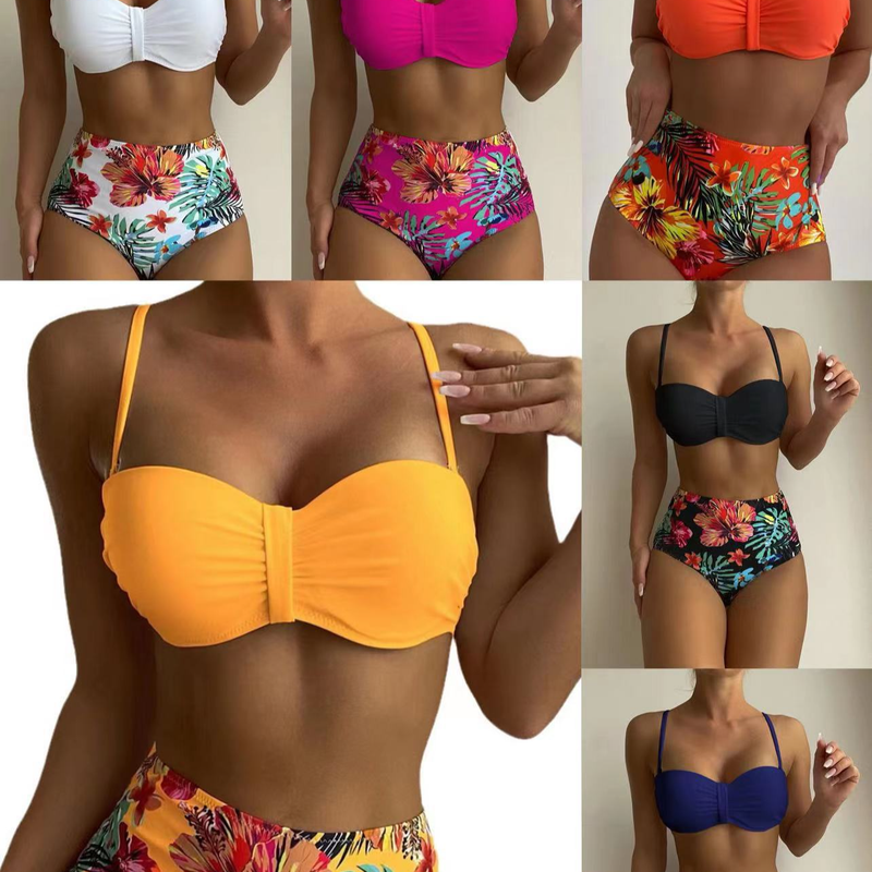 Γυναικεία Ρούχα Σέξι Ψηλόμεσο Μπικίνι με Σκίσιμο Γυναικείο Μαγιό Πολύχρωμο Φλοράλ_voghion.com