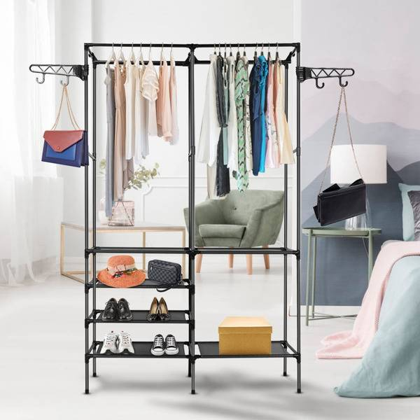 66'' Multifunctional Garment Rack For Hanging Clothes, 4 Tiers Portable Closet Rack With 4 Hooks & 2 Hanging Rods_voghion.com