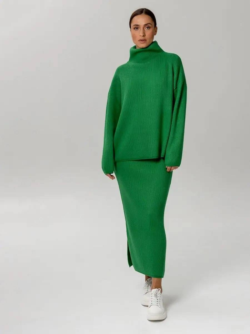 Knitted High-neck Sweater & Slim-fit Skirt Set – Elegant Two-piece Outfit In Beige, Olive Green, White, Green, Yellow, Light Gray, Emerald, Black_voghion.com