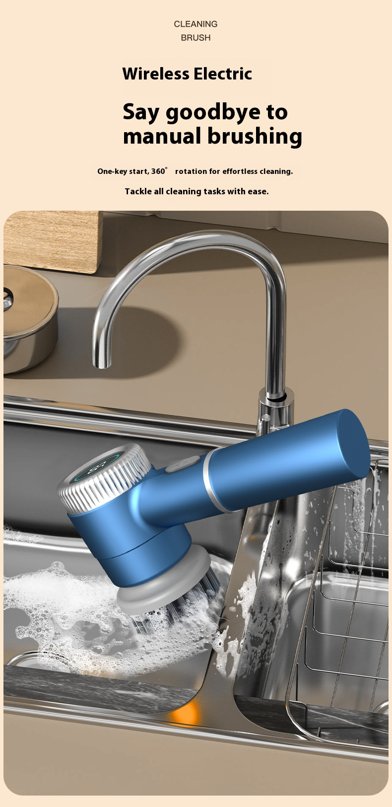 Oplaadbare elektrische reinigingsborstel – Multifunctionele schrobber met 5 verwisselbare koppen (grijs/wit/blauw)_voghion.com