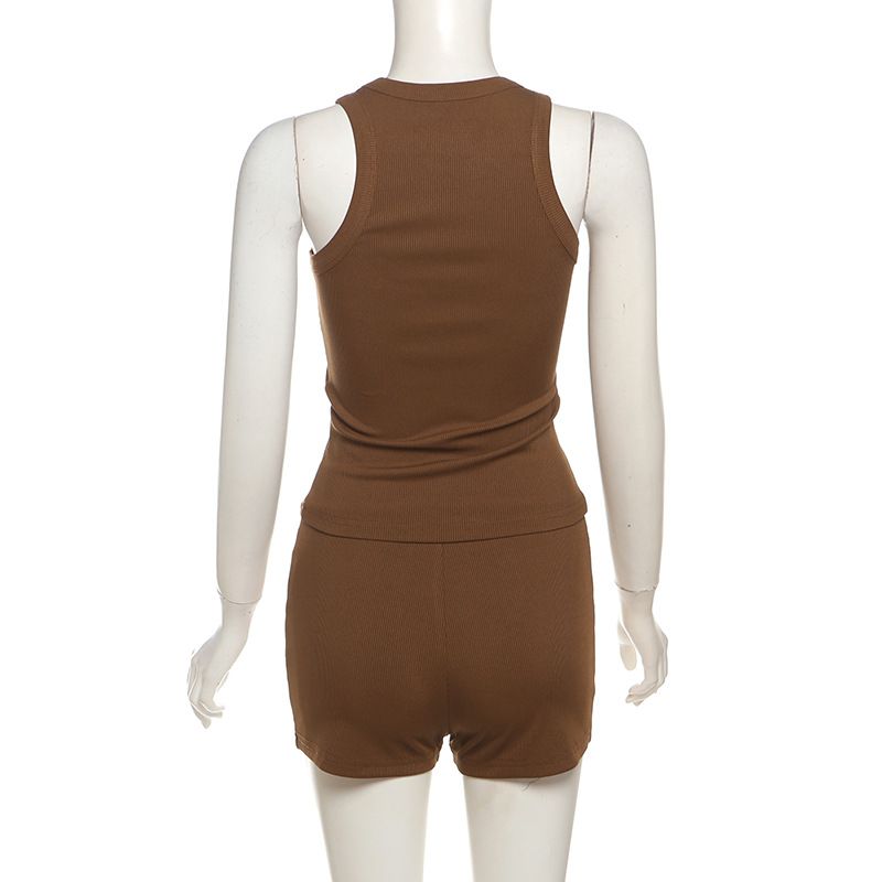 Damenbekleidung Herbstmode Lässig Rundhals Einfarbig Slim Fit I-förmige Weste Hohe Taille Shorts Anzug_voghion.com