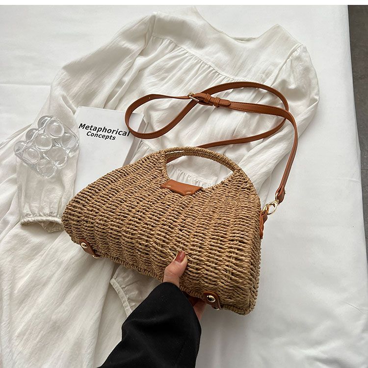 Sommarstråväska för kvinnor liten vävd handgjord design handväska damtote semester strand rotting fritid axelväska_voghion.com