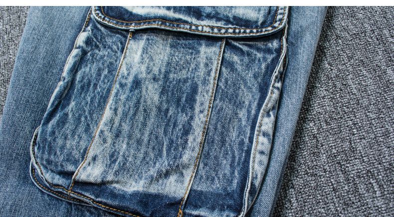 Washed Side Pockets Loose Fit Blue Straight Wide Leg Casual Denim Mens Baggy Cargo Jeans Pants For Men_voghion.com