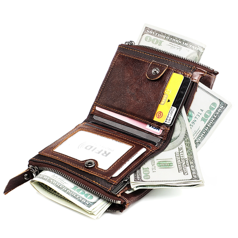 Genuine Leather Wallets for Women Men Small Rfid Wallet Short Bifold Card Holder Men's Wallet with 3 Zipper Pockets Coin_voghion.com