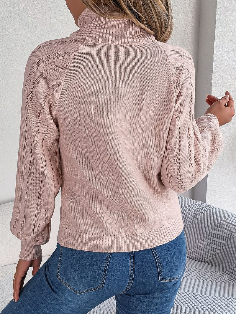 Maglione pullover da donna alla moda, con collo alto, maniche a lanterna, in maglia a trecce, casual, tinta unita, autunno inverno 2025_voghion.com