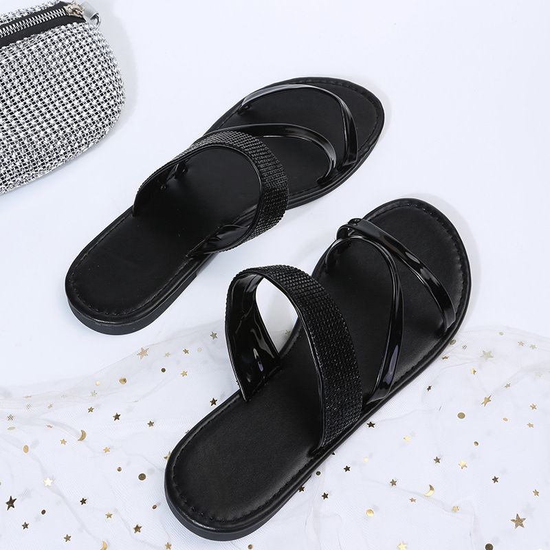 Women's Shoes Large Size Casual Slippers Summer New Round Head Rhinestone Flat Sandals_voghion.com