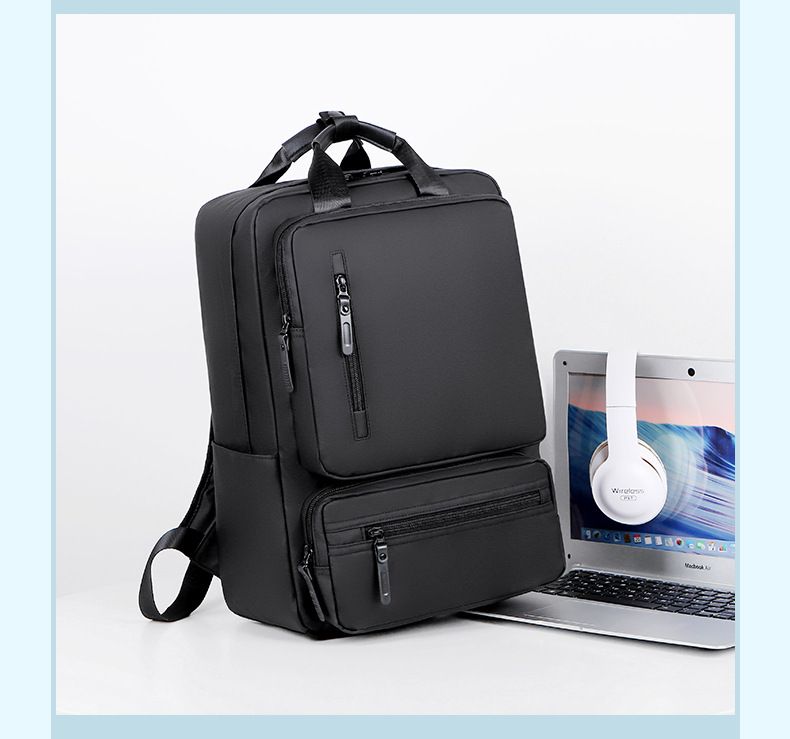 Multifunktionaler Rucksack, Laptoptasche aus Leder für Herren, schwarzer tragbarer Studentenrucksack im College-Stil_voghion.com