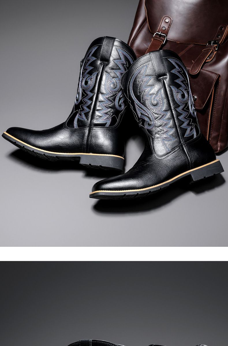 Amekaji Herren-Reitstiefel mit hoher Röhre, bestickt, Western-Cowboy, trendig, für Motorradfahrer, quadratische Zehenpartie_voghion.com