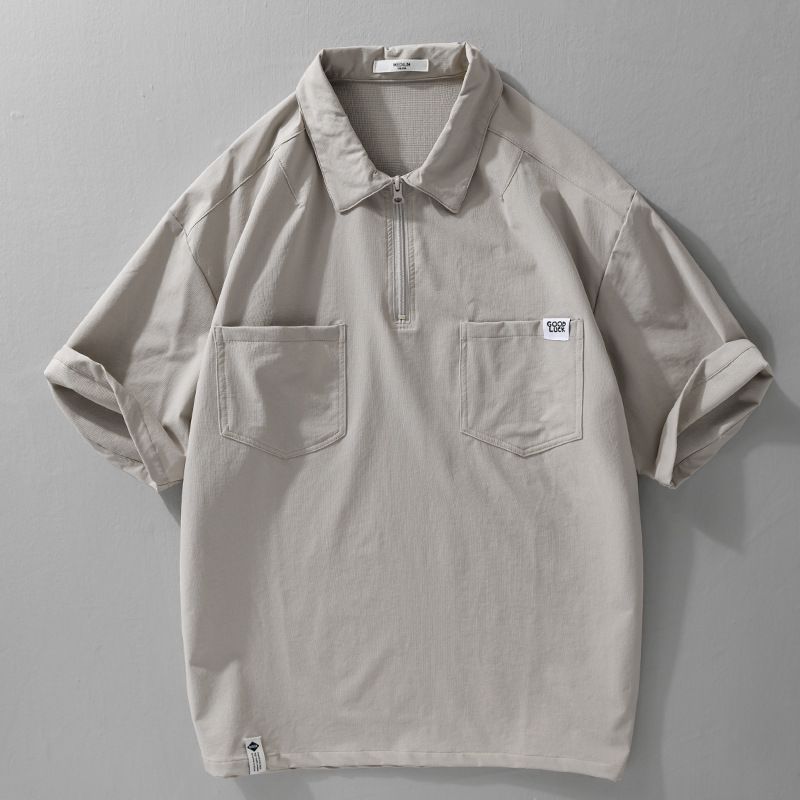 Retro Mountain Style Workwear Men's Short Sleeved Trendy Summer Quick Drying Breathable Shirt Collar With Half Zipper_voghion.com