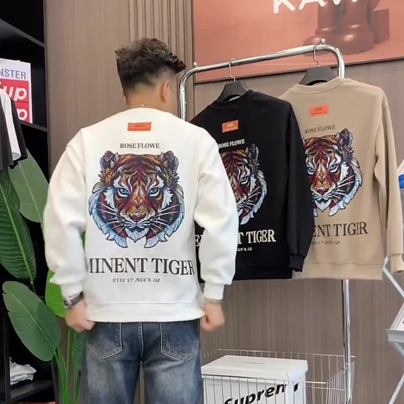 Men's hoodie 2023 autumn new trendy brand tiger head printed pure cotton long sleeved T-shirt youth casual versatile top_voghion.com