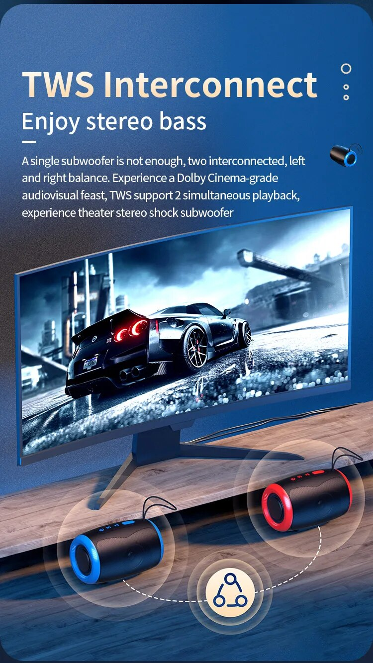 Przenośny głośnik Bluetooth TWS z wodoodpornym, bezprzewodowym radiem zewnętrznym i kolumną głośnikową obsługujący kartę TF, stereofoniczny odtwarzacz muzyki 3D Hi-Fi_voghion.com