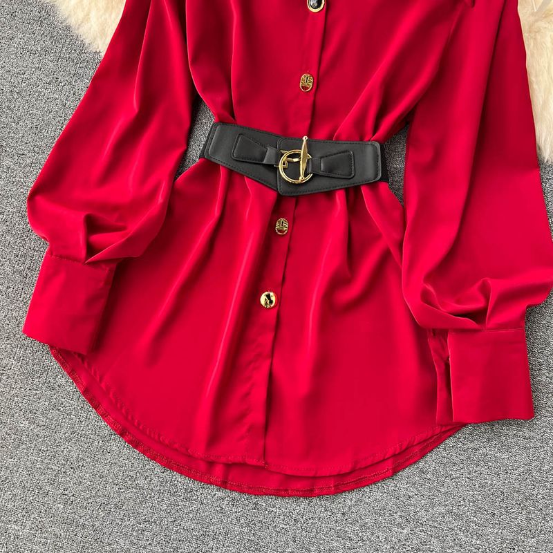 Damenbekleidung Einzigartiges zierliches Kleid mit Schnürung an der Taille für den Herbst Hochwertiges und schönes Temperament Langärmliges weißes Hemdkleid für Damen_voghion.com