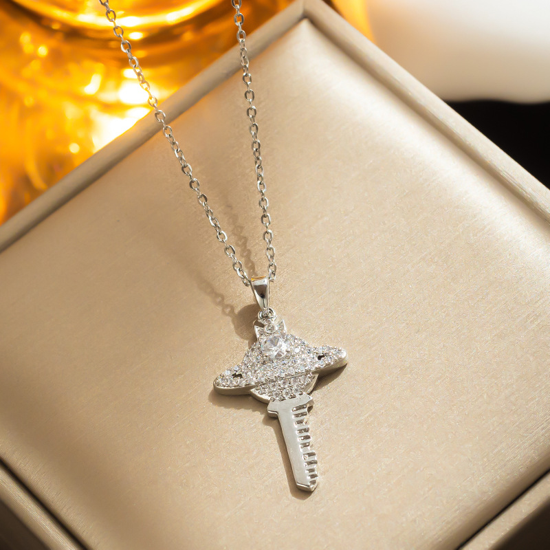 Titanium Steel Full Diamond Saturn Key Pendant Necklace for Women Fashion Charm Girls Party Clavicle Chain Choker Jewelry_voghion.com