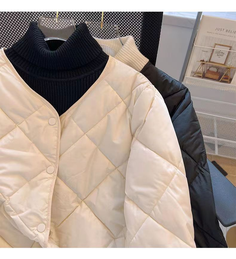 Winter Daunenmantel mit Baumwollpolsterung für Damen, Rautengitter-Knopf, Puffer, warme koreanische Jacken, kurze, leichte, warme Pendlerjacken_voghion.com