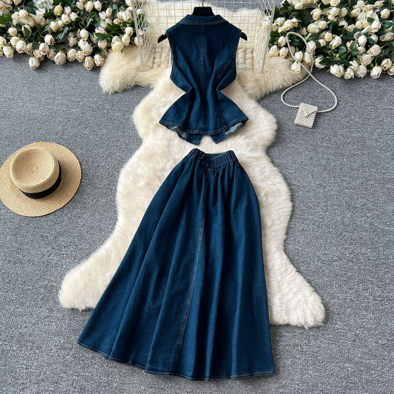 Damenbekleidung Altersreduzierender Anzug Für Frauen Im Sommer, Leichter, Reifer Stil, Plissierte Taille, Ärmelloses Jeansoberteil Mit Revers + Rock Mit Hoher Taille_voghion.com