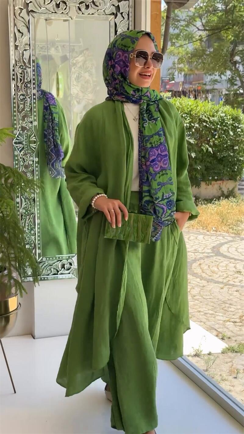 Kadın Müslüman Pamuk Ve Keten Rahat Ve Şık Bol Uzun Hırka Rahat Geniş Paça Pantolon İki Parçalı Set_voghion.com