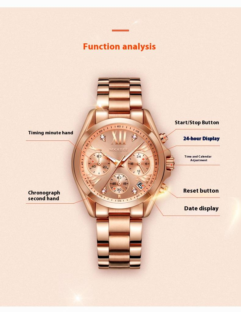 Elegante orologio cronografo in acciaio inossidabile color oro rosa per donna con datario e resistenza all'acqua fino a 30 m. Un regalo elegante e alla moda._voghion.com