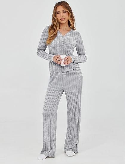 Ensemble de survêtement décontracté en tricot pour femme, haut à manches longues et pantalon ample, tenue deux pièces pour l'automne et l'hiver_voghion.com