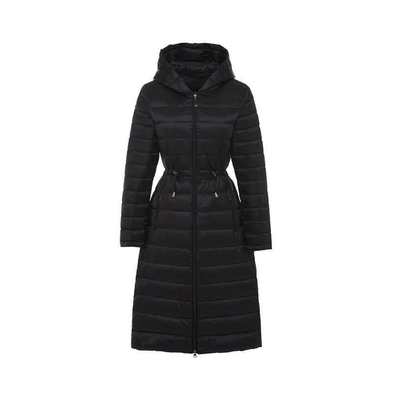 Women's Lightweight Long Down Coat With Hood & Drawstring – Slim Fit Knee-Length Jacket (Black/Burgundy, L-XXL) – 90% White Duck Down_voghion.com