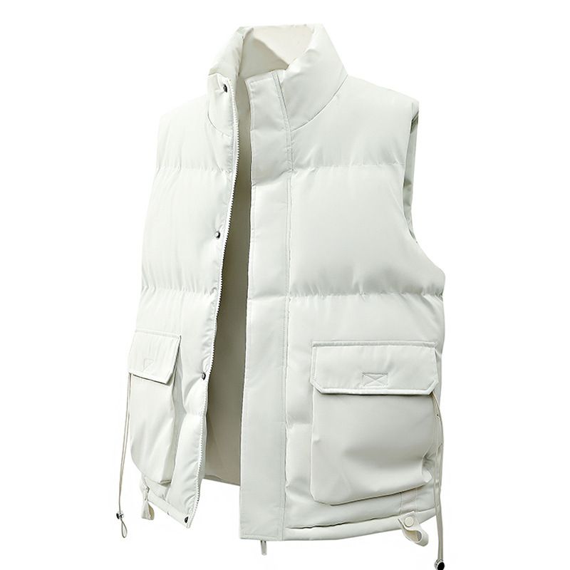 Unisex-Weste mit Stehkragen – Leichte, ärmellose Winter-Pufferjacke mit Reißverschluss und Kordelzug (M-4XL, Schwarz/Grau/Creme)_voghion.com