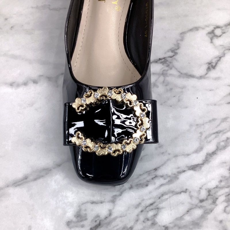 Women's Shoes New Shallow Mouth Patent Leather Flower Buckle Medium And High Heels Women's Square Head Thick Heel Mirror Single Shoes_voghion.com